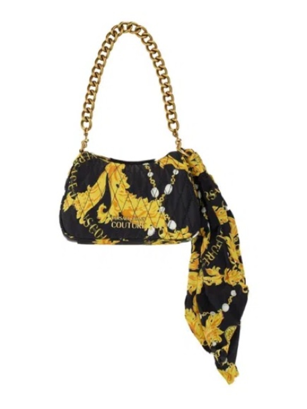 NWTVersace Jeans Couture Black & Gold Baroque Quilted Shoulder Bag with Scarf